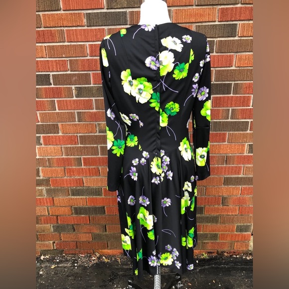 1970s Vintage Polyester floral midi Dress lime green,purple, black Retro Vtg 70s - Picture 7 of 9